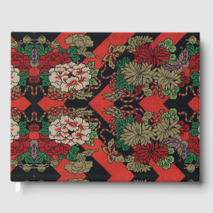 Vintage Japanese Floral Peony Red Black Pattern Guest Book