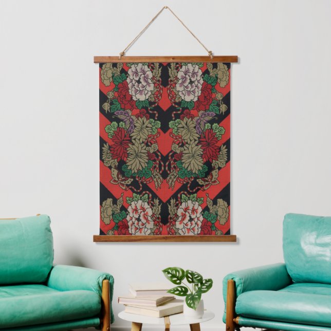 Vintage Japanese Floral Peony Red Black Pattern Hanging Tapestry (Living Room)