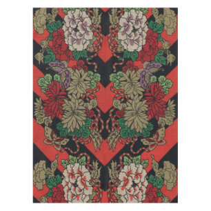 Vintage Japanese Floral Peony Red Black Pattern Tablecloth