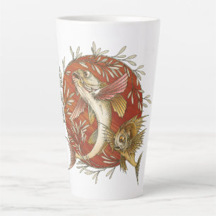 Vintage Japanese Flying Fish and Bamboo Leaves Art Latte Mug