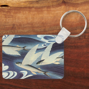 Vintage Japanese Flying Fish in Ocean, Japonism Key Ring