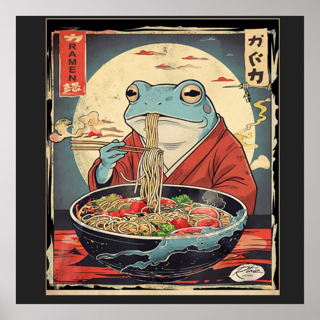 Vintage Japanese Frog Eating Ramen Ukiyo-e Poster (Front)
