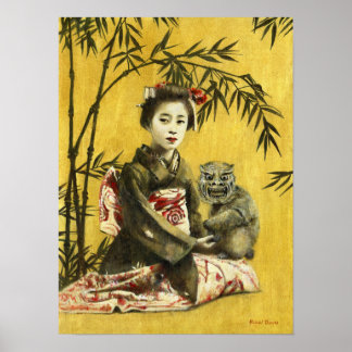 Vintage Japanese Geisha And Demon Print