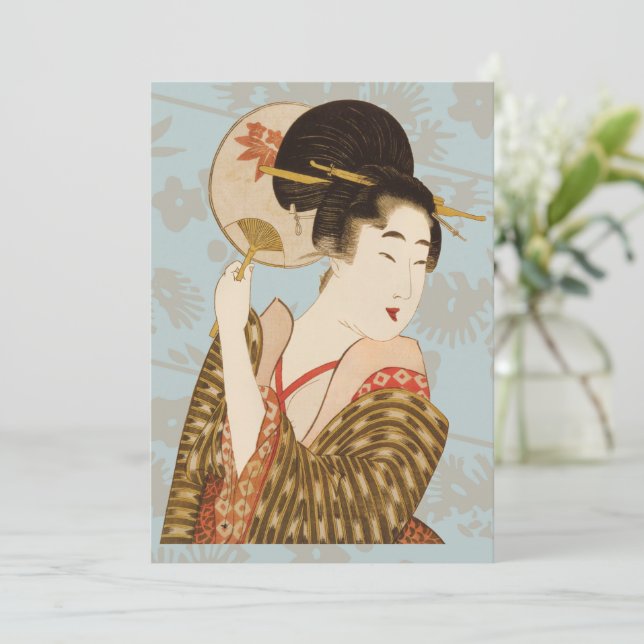 Vintage Japanese Geisha Girl in Kimono with Fan (Standing Front)