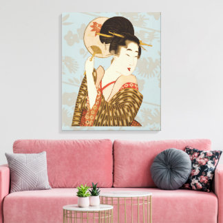 Vintage Japanese Geisha Girl in Kimono with Fan Canvas Print