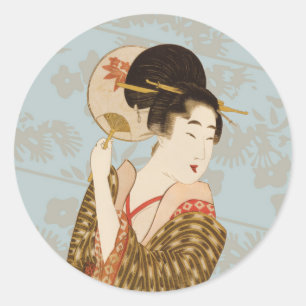 Vintage Japanese Geisha Girl in Kimono with Fan Classic Round Sticker