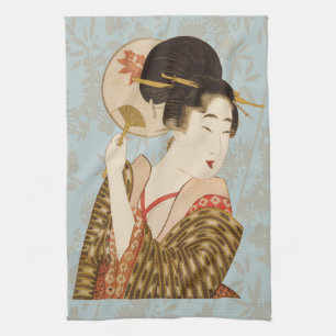 Vintage Japanese Geisha Girl in Kimono with Fan Tea Towel
