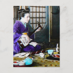 Vintage Japanese Geisha Playing Shamisen Banjo Postcard