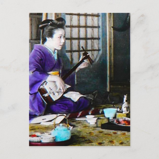 Vintage Japanese Geisha Playing Shamisen Banjo Postcard (Front)
