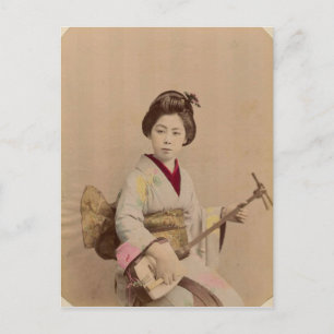Vintage Japanese Geisha Playing Shamisen Postcard