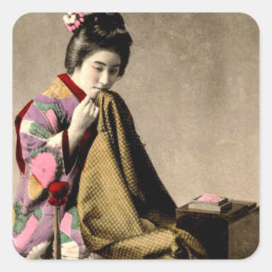 Vintage Japanese Geisha Sewing a Kimono Old Japan Square Sticker
