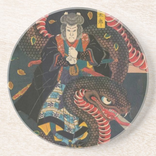 Vintage Japanese Giant Snake Woodblock Print Coaster (Front)