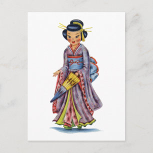 Vintage Japanese Girl in Kimono Postcard