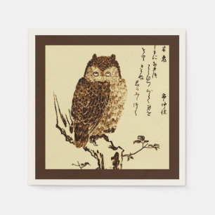 Vintage Japanese Ink Sketch of an Owl Napkin