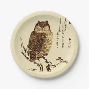 Vintage Japanese Ink Sketch of an Owl Paper Plate