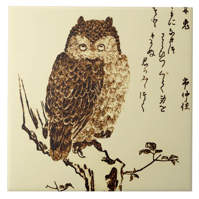 Vintage Japanese Ink Sketch of an Owl Tile (Front)