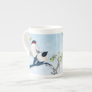 Vintage Japanese Ink Sketch of Finches Bone China Mug