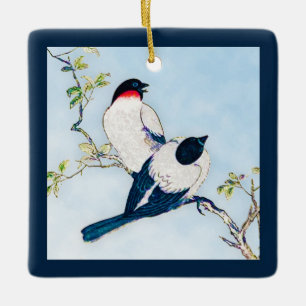 Vintage Japanese Ink Sketch of Finches Ceramic Ornament