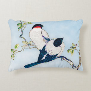 Vintage Japanese Ink Sketch of Finches Decorative Cushion