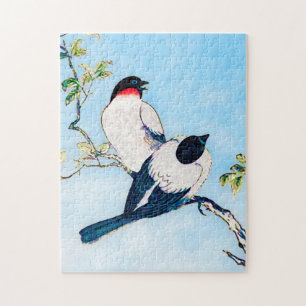 Vintage Japanese Ink Sketch of Finches Jigsaw Puzzle