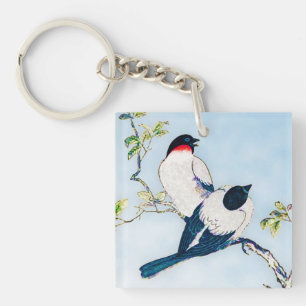 Vintage Japanese Ink Sketch of Finches Key Ring