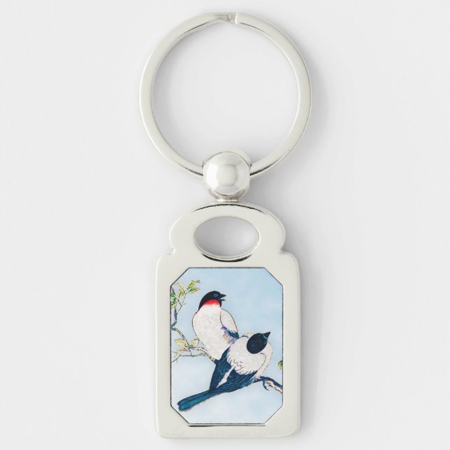 Vintage Japanese Ink Sketch of Finches Key Ring (Front)