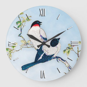 Vintage Japanese Ink Sketch of Finches Large Clock