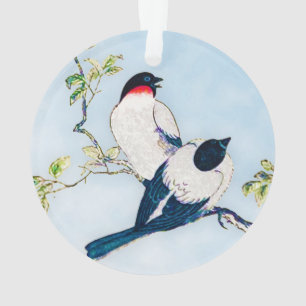 Vintage Japanese Ink Sketch of Finches Ornament