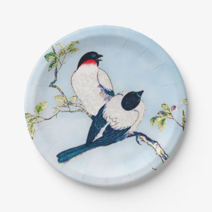 Vintage Japanese Ink Sketch of Finches Paper Plate