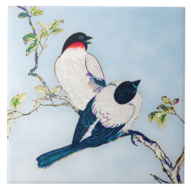 Vintage Japanese Ink Sketch of Finches Tile (Front)