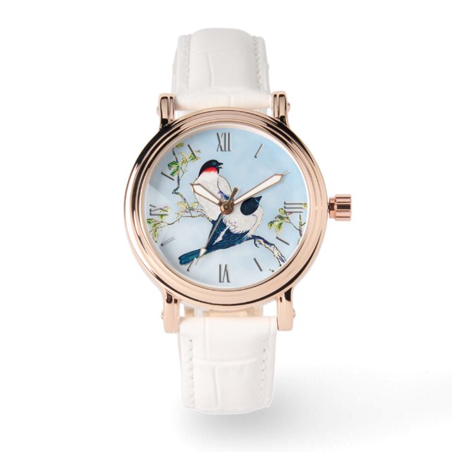 Vintage Japanese Ink Sketch of Finches Watch (Front)