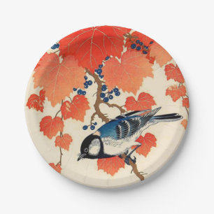 Vintage Japanese Jay Bird and Autumn Grapevine Paper Plate