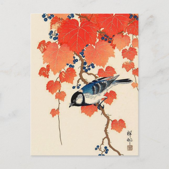Vintage Japanese Jay Bird and Autumn Grapevine Postcard (Front)