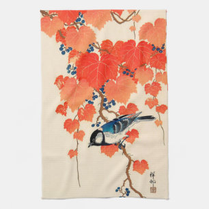 Vintage Japanese Jay Bird and Autumn Grapevine Tea Towel