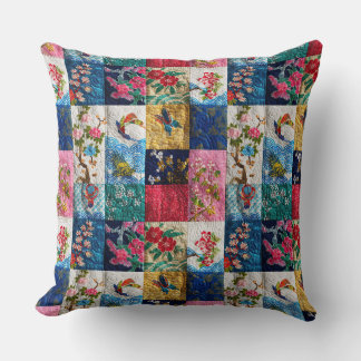 Vintage Japanese Kimono Embroidered-look Patchwork Cushion