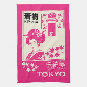 Vintage Japanese Kimono Fashion Illustration Tea Towel