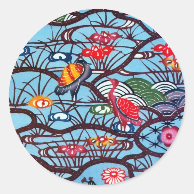 Vintage Japanese Kimono Textile (Bingata) Classic Round Sticker (Front)