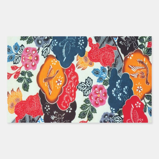 Vintage Japanese Kimono Textile (Bingata) Rectangular Sticker (Front)