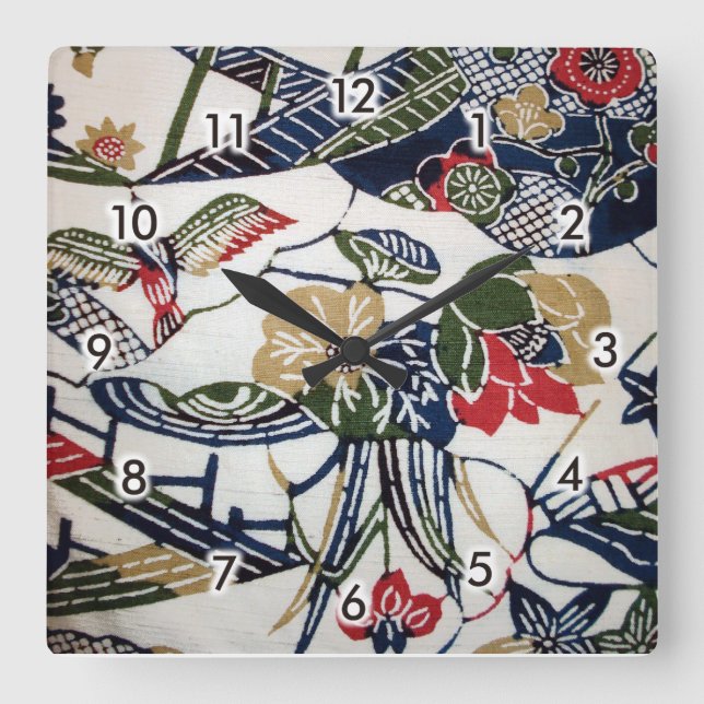 Vintage Japanese Kimono Textile (Bingata) Square Wall Clock (Front)