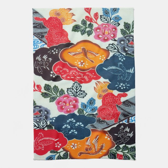 Vintage Japanese Kimono Textile (Bingata) Tea Towel (Vertical)