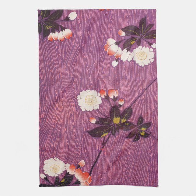 Vintage Japanese Kimono Textile, Cherry Blossoms Tea Towel (Vertical)