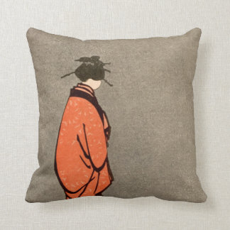 Vintage Japanese Kimono Woman Orange Looking Away Cushion