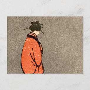 Vintage Japanese Kimono Woman Orange Looking Away Postcard