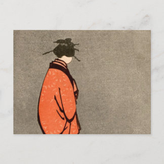 Vintage Japanese Kimono Woman Orange Looking Away Postcard