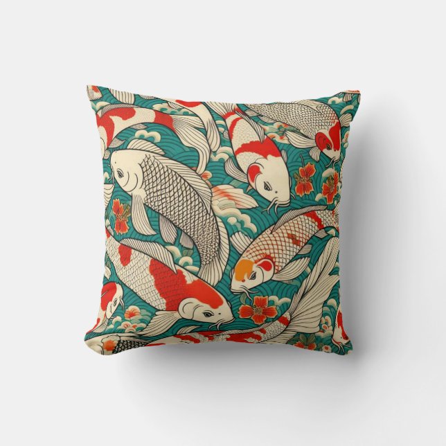 Vintage Japanese Koi Fish Pattern Painting Cushion (Front)