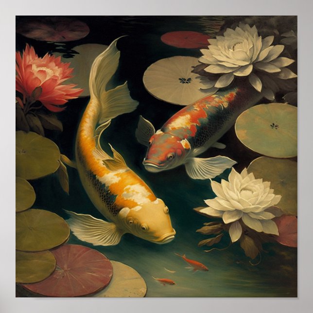 Vintage Japanese Koi Fish Pond Art Print Poster (Front)