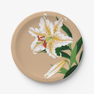 Vintage Japanese Liliy. White, Green and Beige Paper Plate