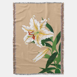 Vintage Japanese Liliy. White, Green and Beige Throw Blanket