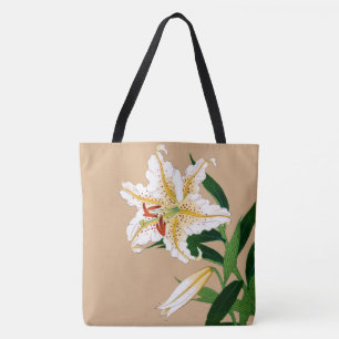 Vintage Japanese Liliy. White, Green and Beige Tote Bag