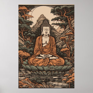 Vintage Japanese Linocut Print Meditating Buddha